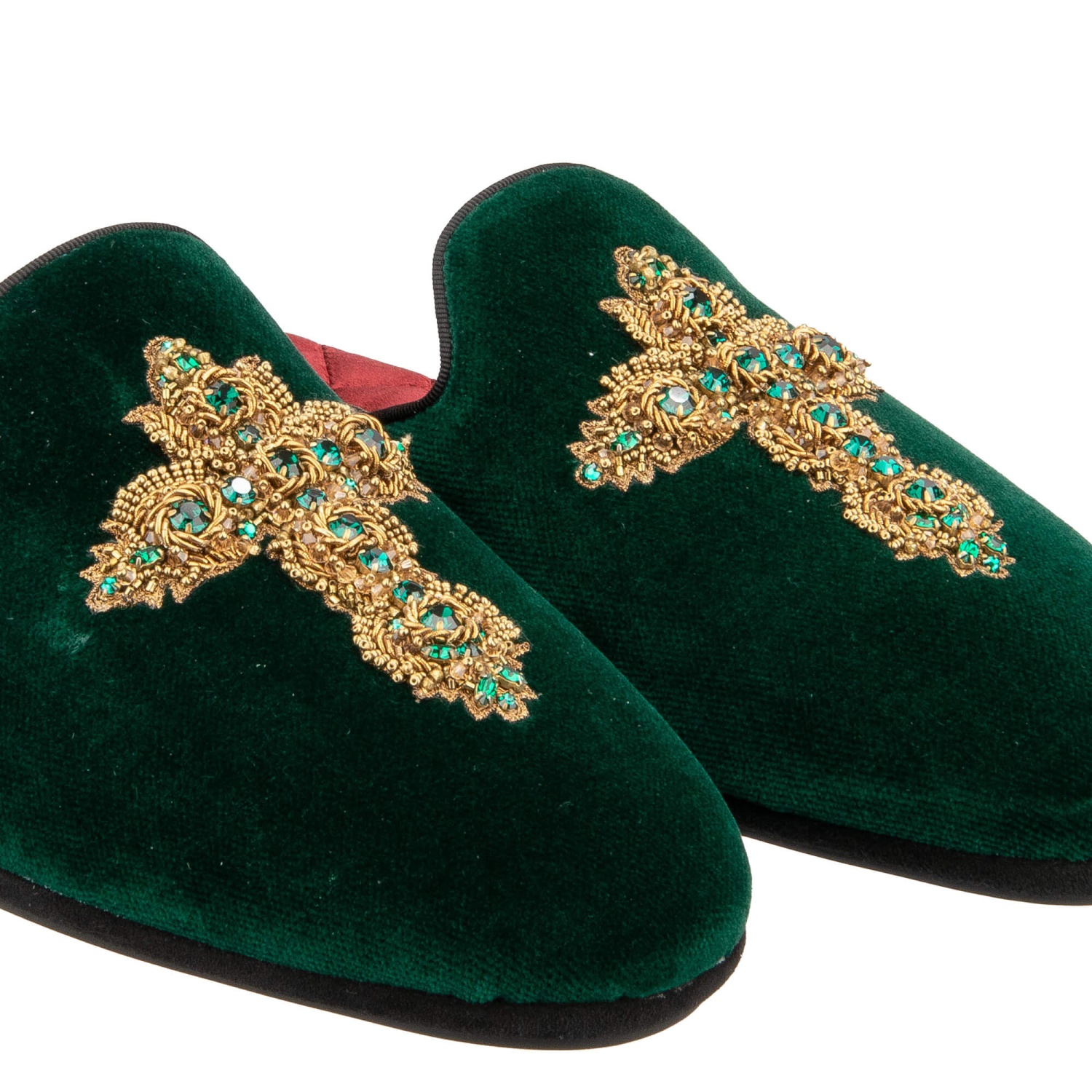Mules Mocassins DOLCE & GABBANA Bramante - Velours Vert émeraude, Cristaux Dorés Et Croix, Neuf Avec Boîte
