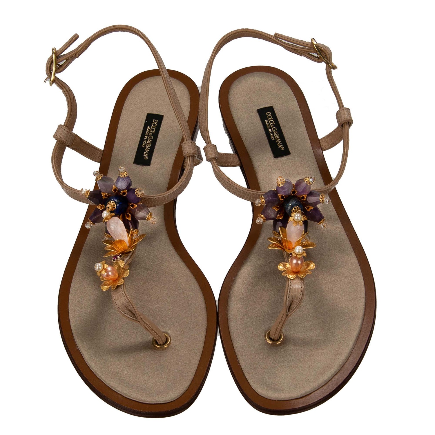 DOLCE & GABBANA Crystal Pearl Flower Sandals Gold Beige