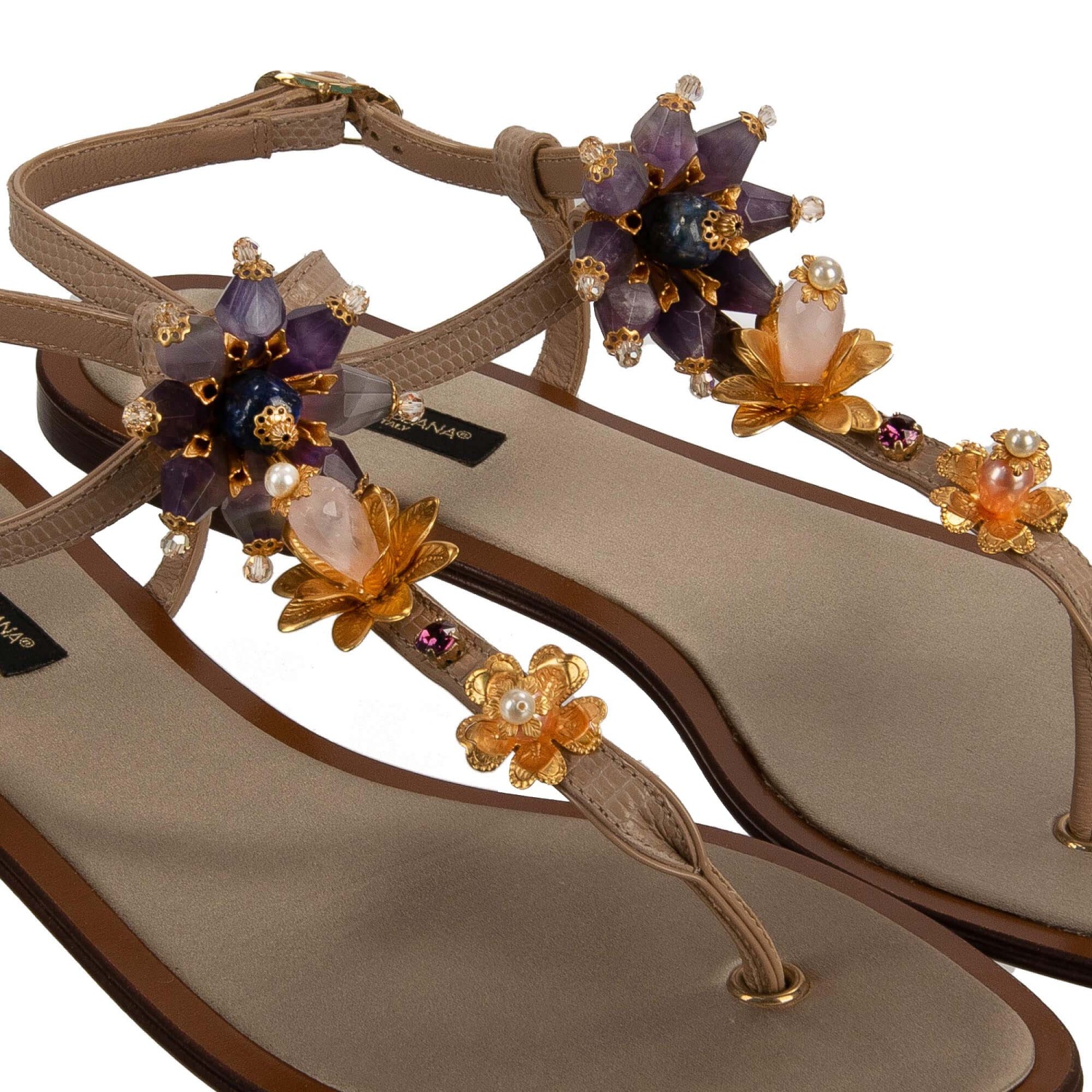 DOLCE & GABBANA Crystal Pearl Flower Sandals Gold Beige