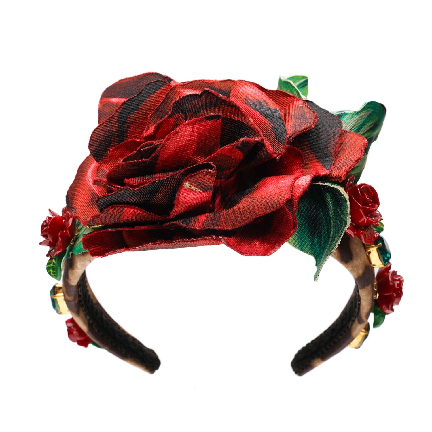 DOLCE & GABBANA Crystal Silk Rose Leopard Hairband Headband Tiara