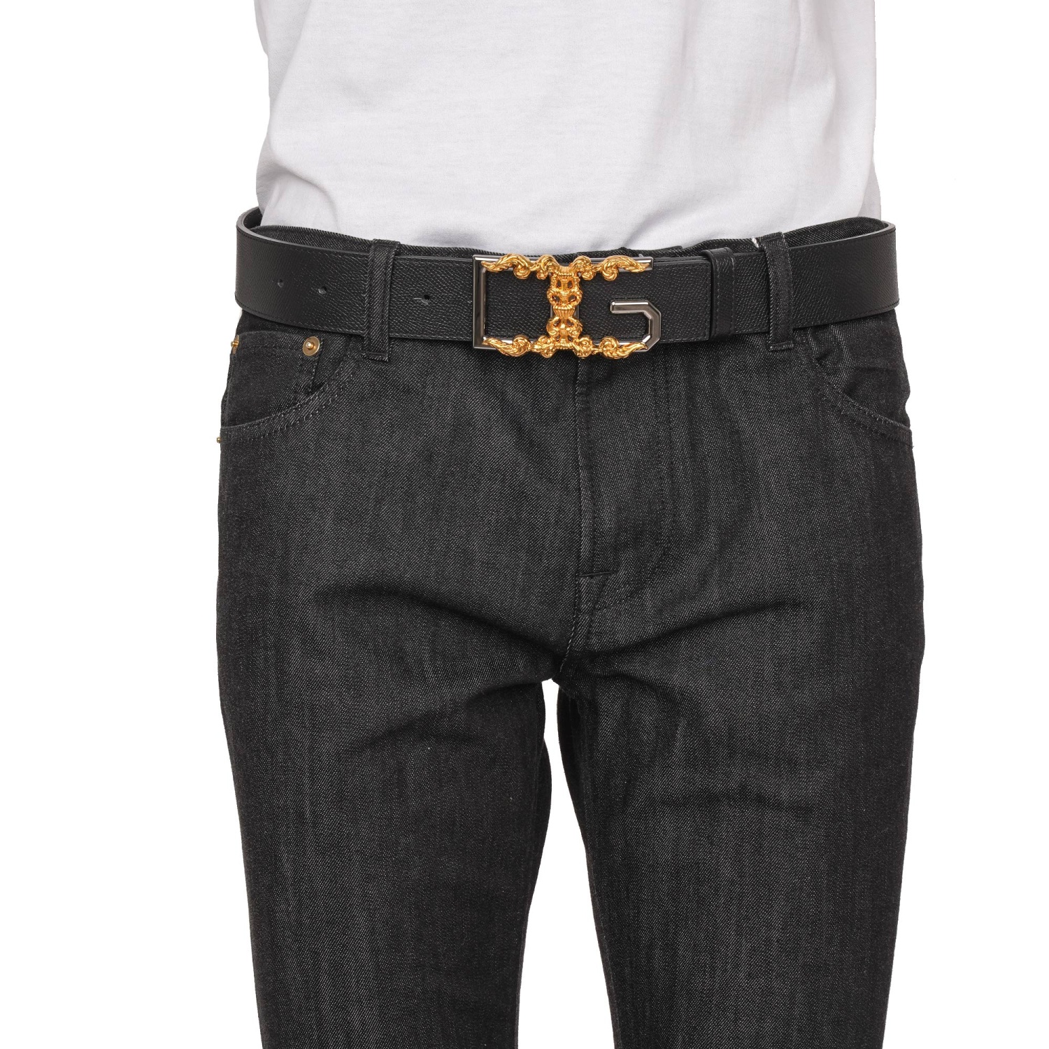 Dolce & Gabbana Dg Baroque Logo Leather Belt Black Gold Silver 85