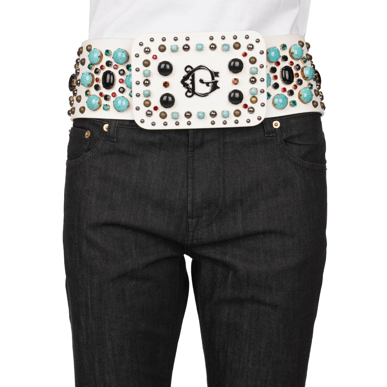 【Dolce & Gabbana】DGロゴ クリスタル装飾 レザー ベルト DOLCE & GABBANA DG Logo Crystal Pearl Big Leather Belt White