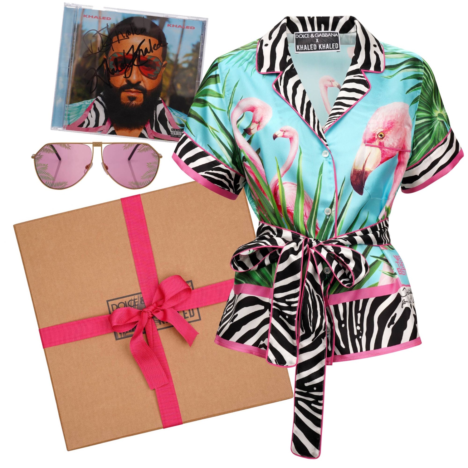 DOLCE & GABBANA DJ Khaled Flamingo Seide Hemd Bluse Sonnenbrille