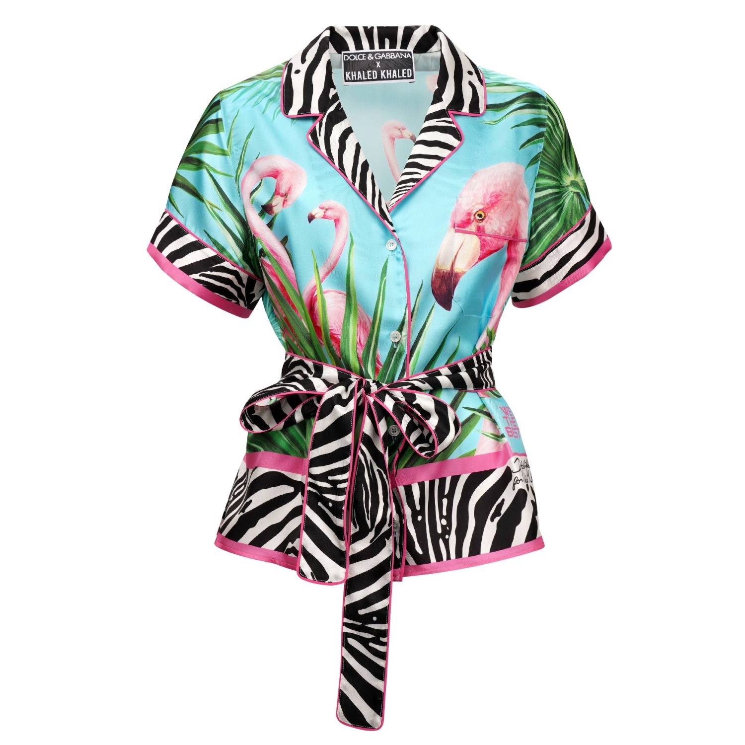 DOLCE & GABBANA DJ Khaled Box Flamingo Silk Shirt Blouse
