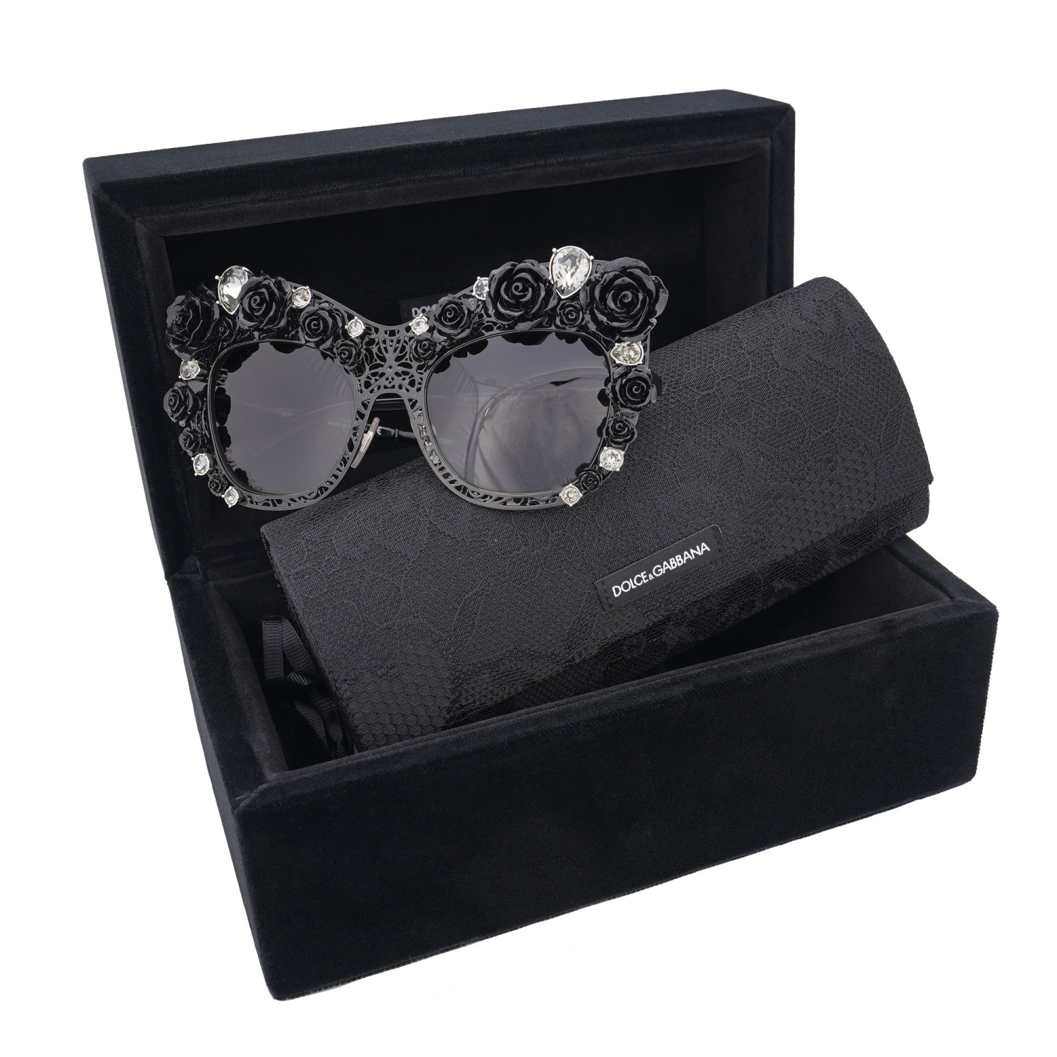 Lunettes De Soleil DOLCE & GABBANA 2160B - Noir Métal, Cristaux Roses, Verres Dorés