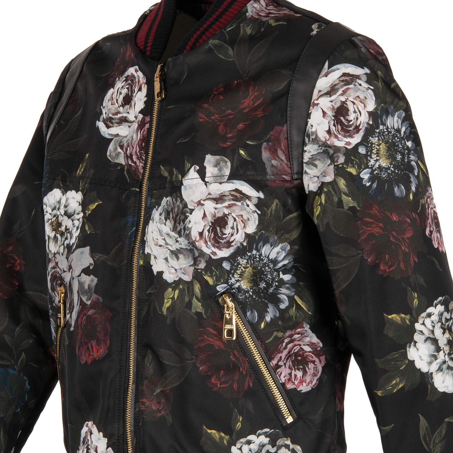 DOLCE GABBANA Floral Print Nylon Leather Bomber Jacket Black 48