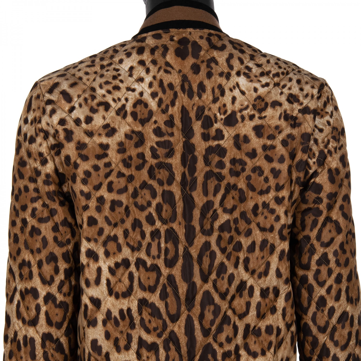 DOLCE & GABBANA Leopard Print Quilted Bomber Jacket DG Logo Brown