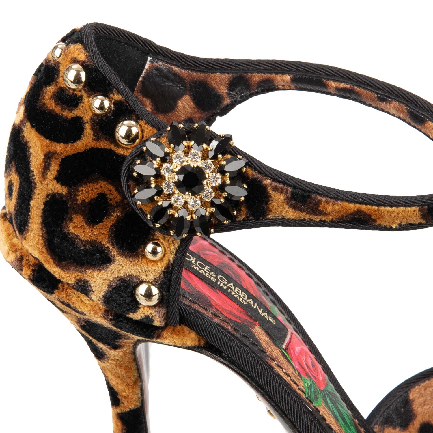 DOLCE GABBANA Leopard Rose Crystal Studs Velvet Pumps LORI Black