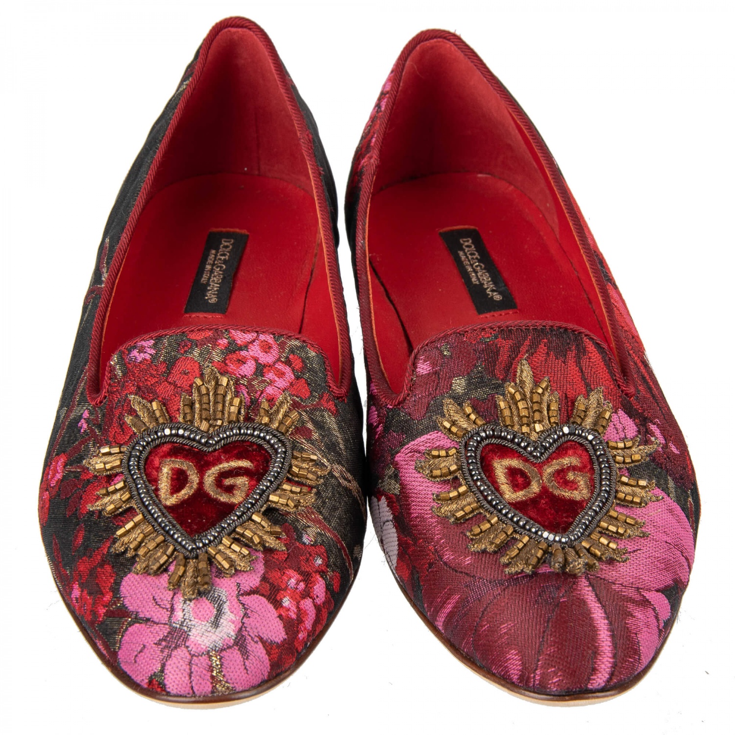 Ballerines Dolce & Gabbana Audrey - Broderie Sacred Heart Or/rouge, Paillettes, Cuir (neuf Avec Boîte)