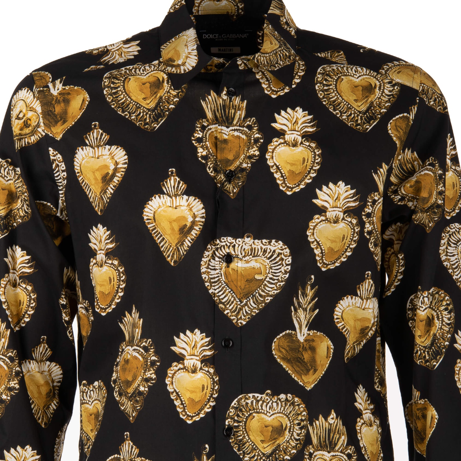 DOLCE & GABBANA MARTINI Sacred Heart Print Cotton Shirt Black Gold
