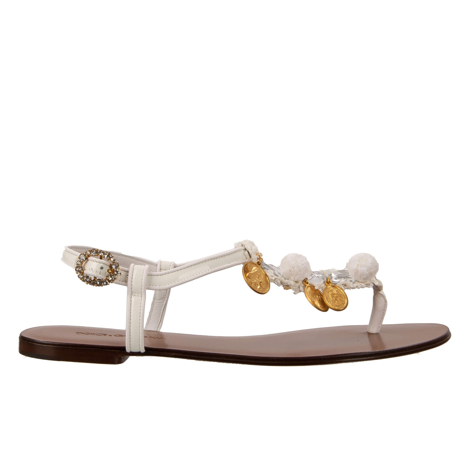 DOLCE & GABBANA Madonna Pendant Crystal Strap Sandals Gold