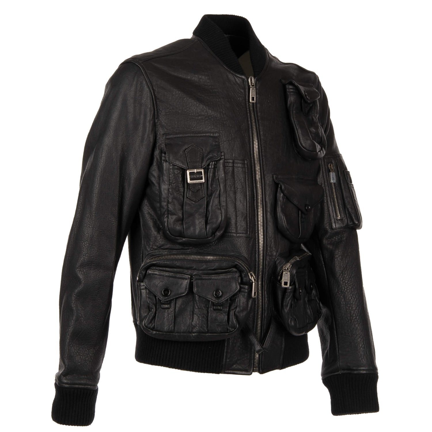 Dolce & Gabbana Utility Military Leather Jacket M Pockets Black