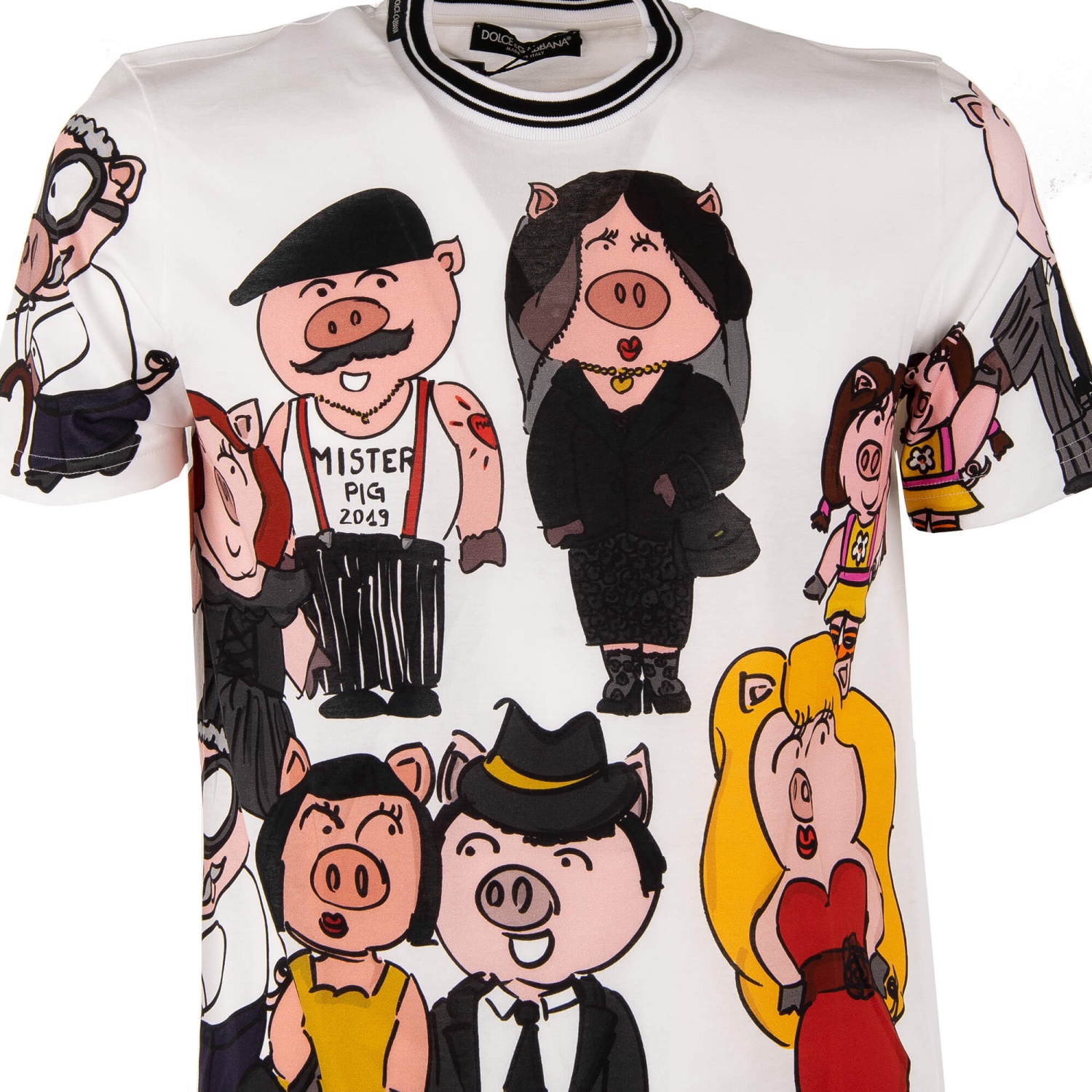 DOLCE GABBANA Pigs Printed Cotton T Shirt with Logo Sticker