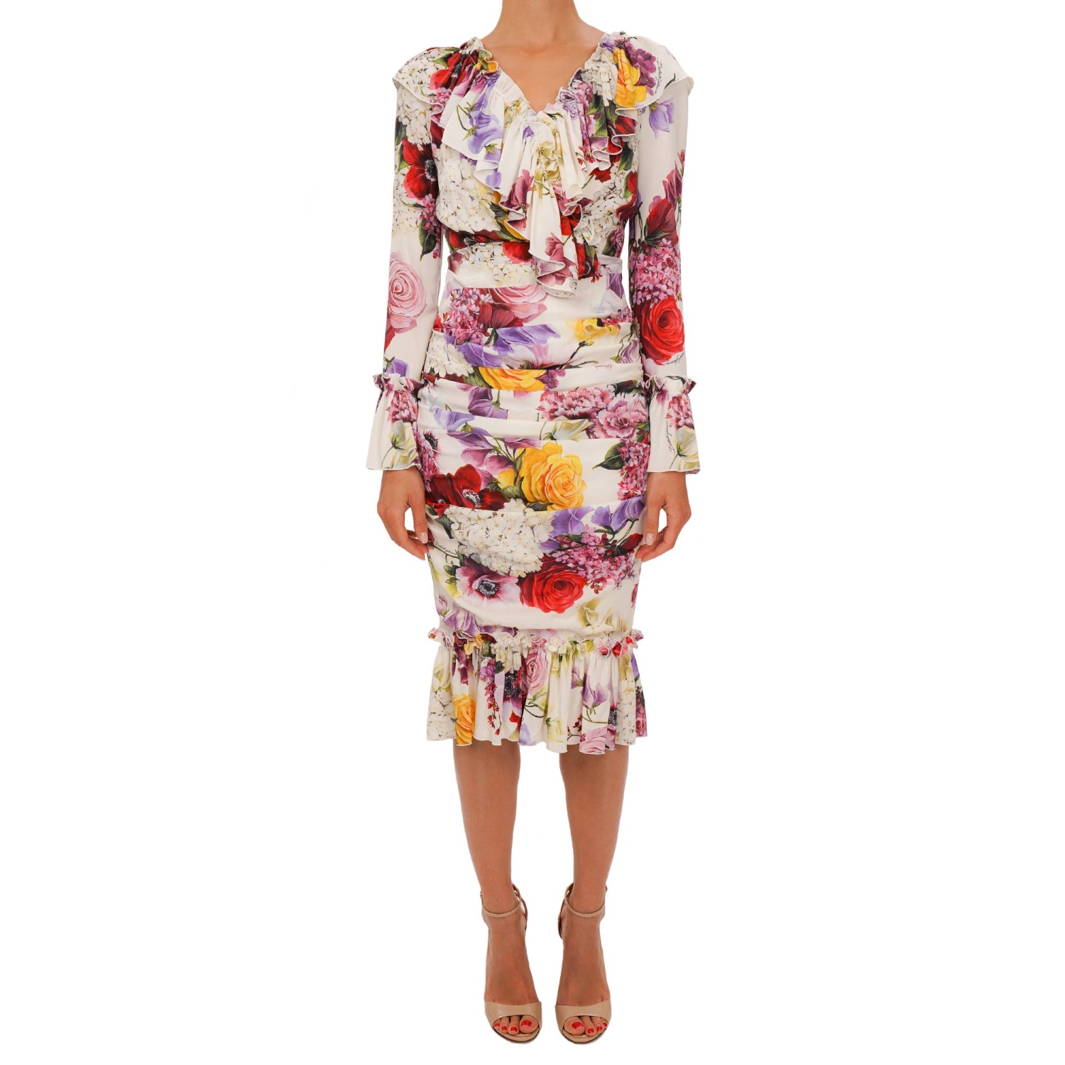 DOLCE & GABBANA RUNWAY Flower Rose Silk Dress White Red IT 42 US 6