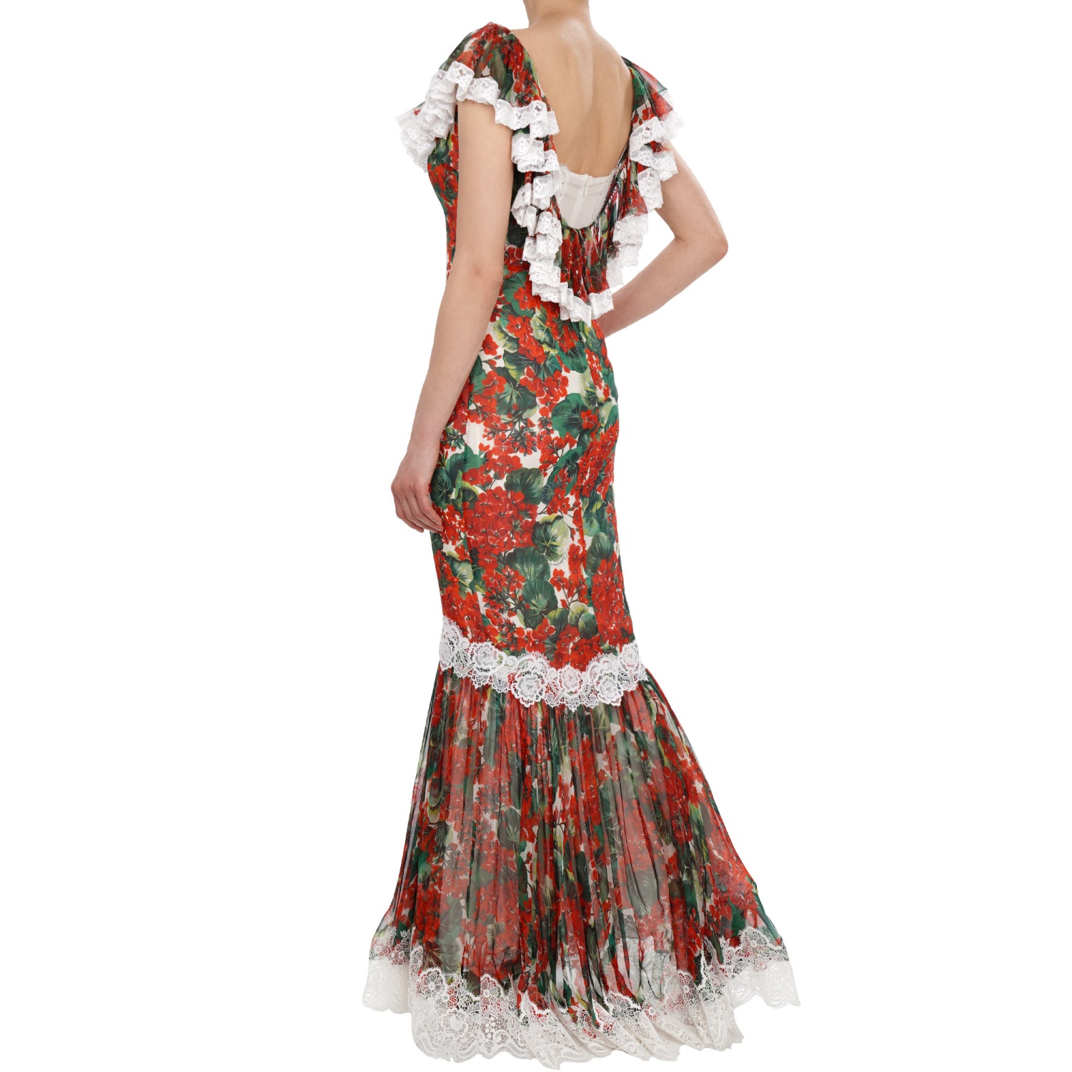 geranium red dress Dolce Gabbana Red Geranium Print Silk Chiffon Ruched Dress S