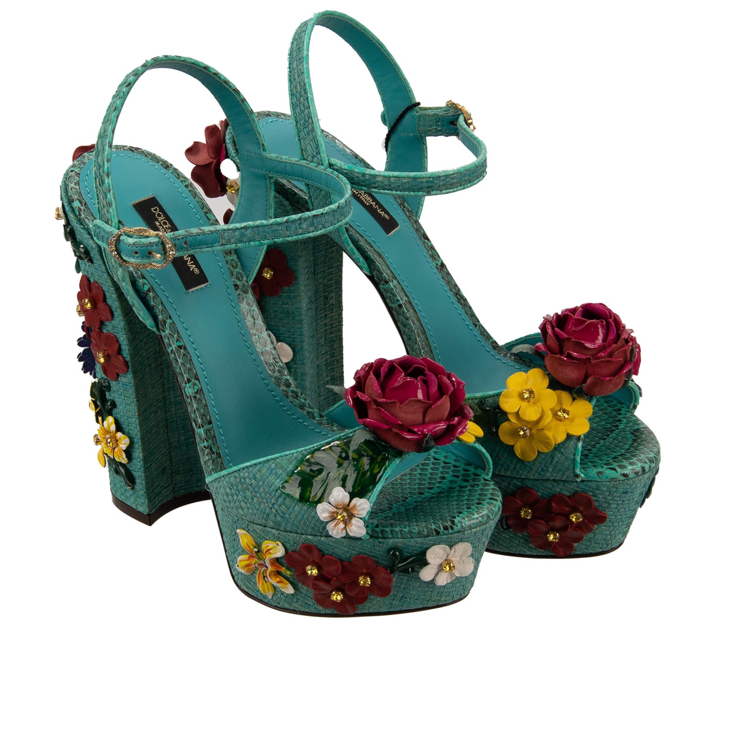 DOLCE & GABBANA Rose Crystal Raffia Platform Sandals Pumps