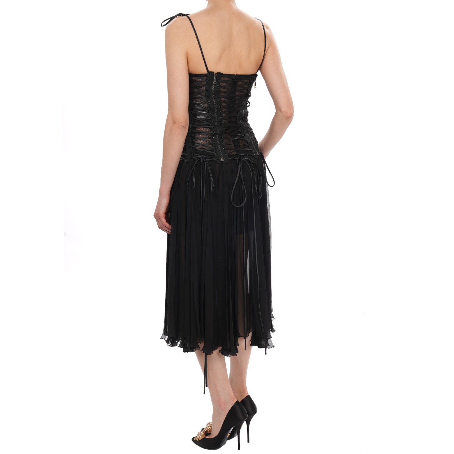 DOLCE & GABBANA Runway Silk Strap Corset Midi Dress Black 38