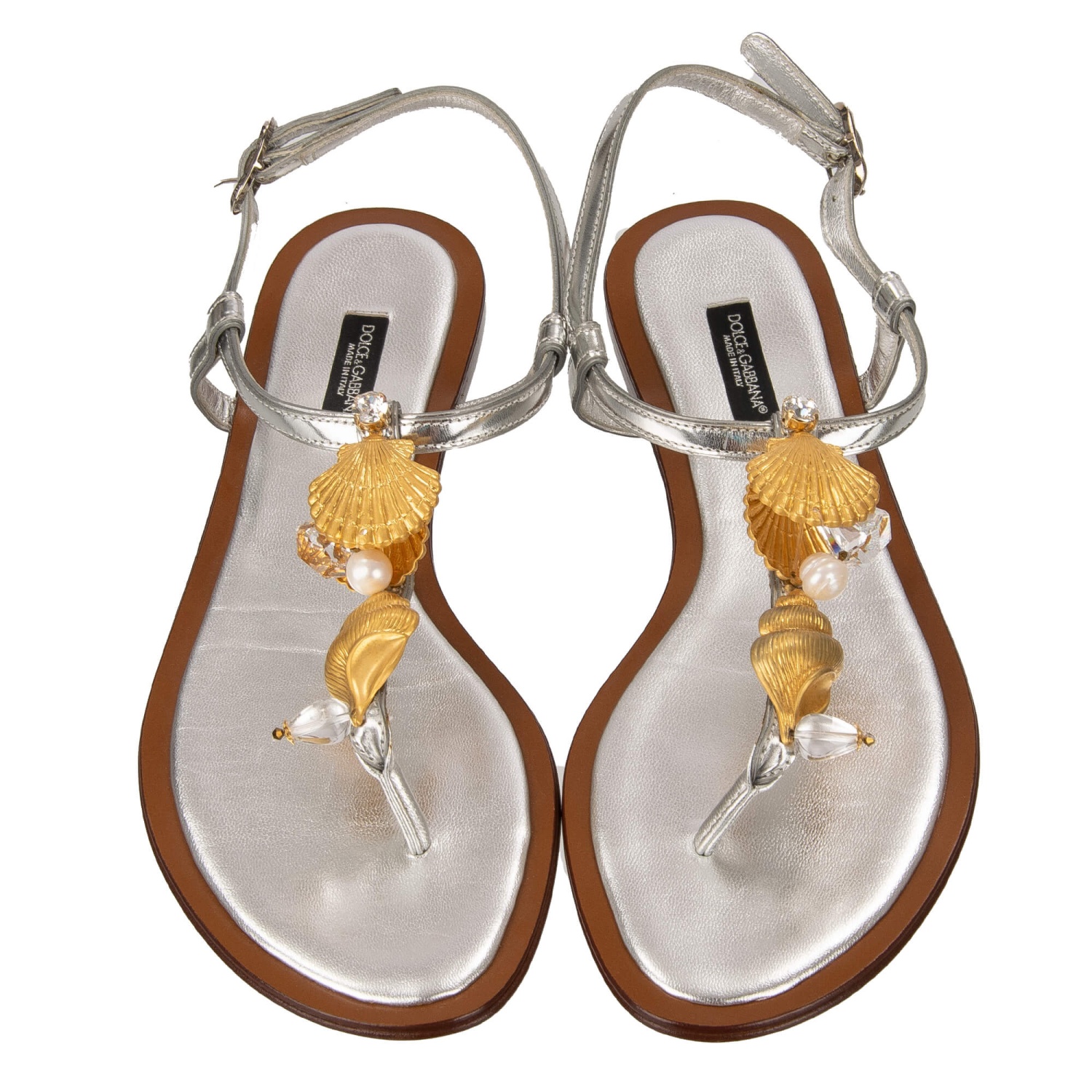 DOLCE & GABBANA Shell Crystal Pearl Strap Sandals Gold