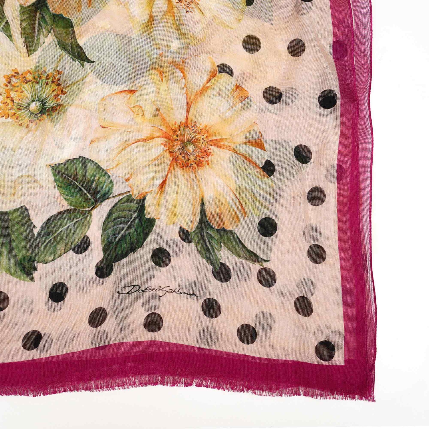 DOLCE & GABBANA Silk Flower Polka Dot Pareo Scarf Foulard Pink