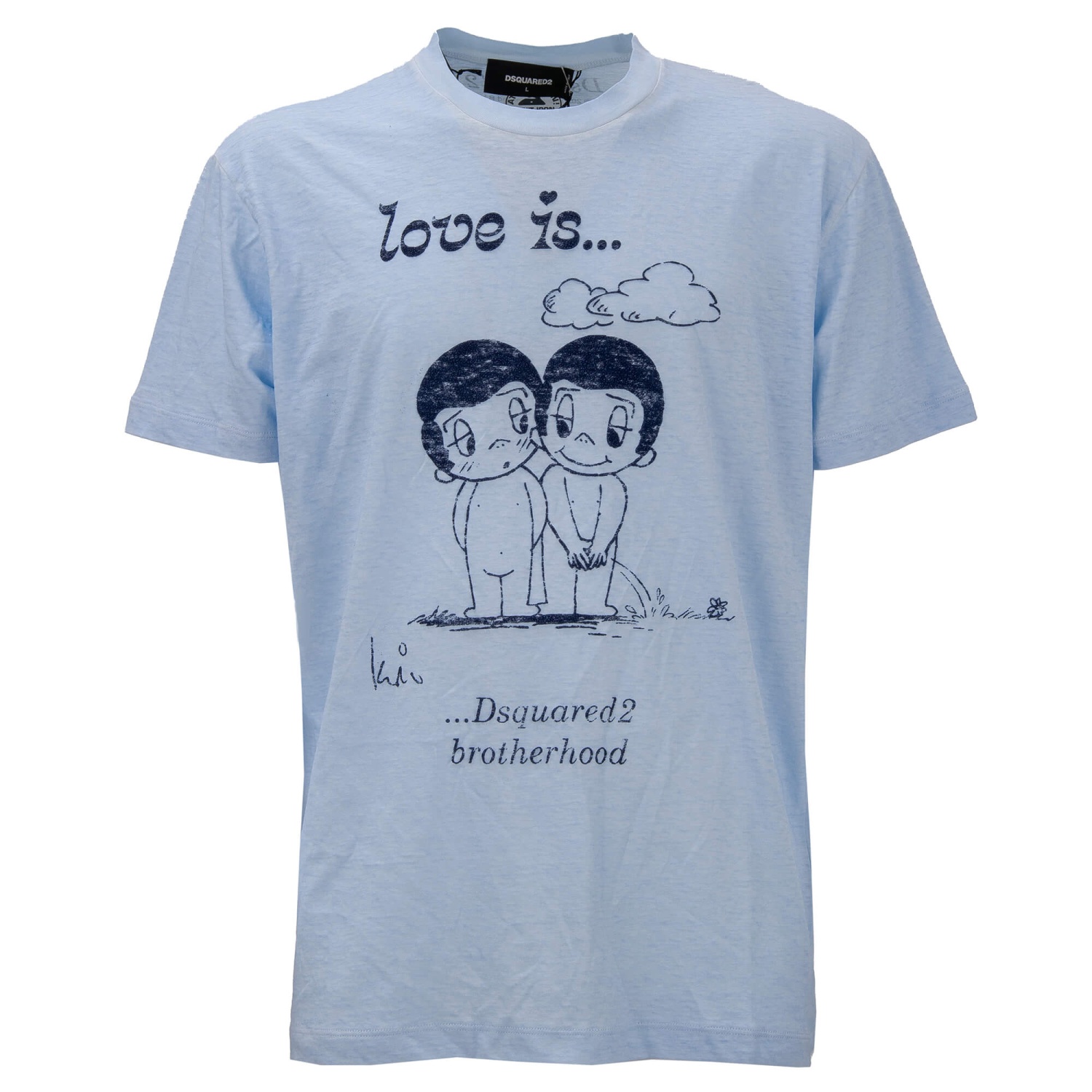 【関税&送料込】Dsquared2 Cotton T-Shirt With Dsquared2 Mila DSQUARED2 Cotton T-Shirt LOVE IS Brotherhood Logo Blue S