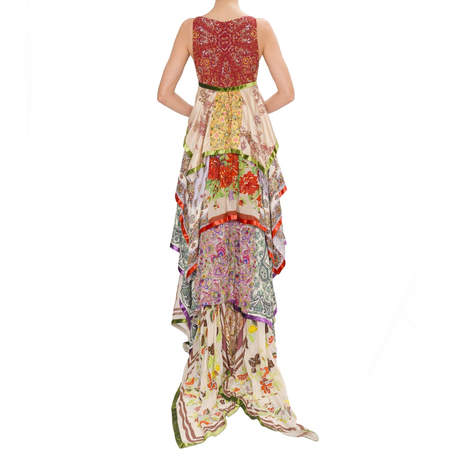 red and green sequin dress DSQUARED2 RUNWAY Sequin Pearl Embroidery Maxi Train Dress Red Beige Green  12321