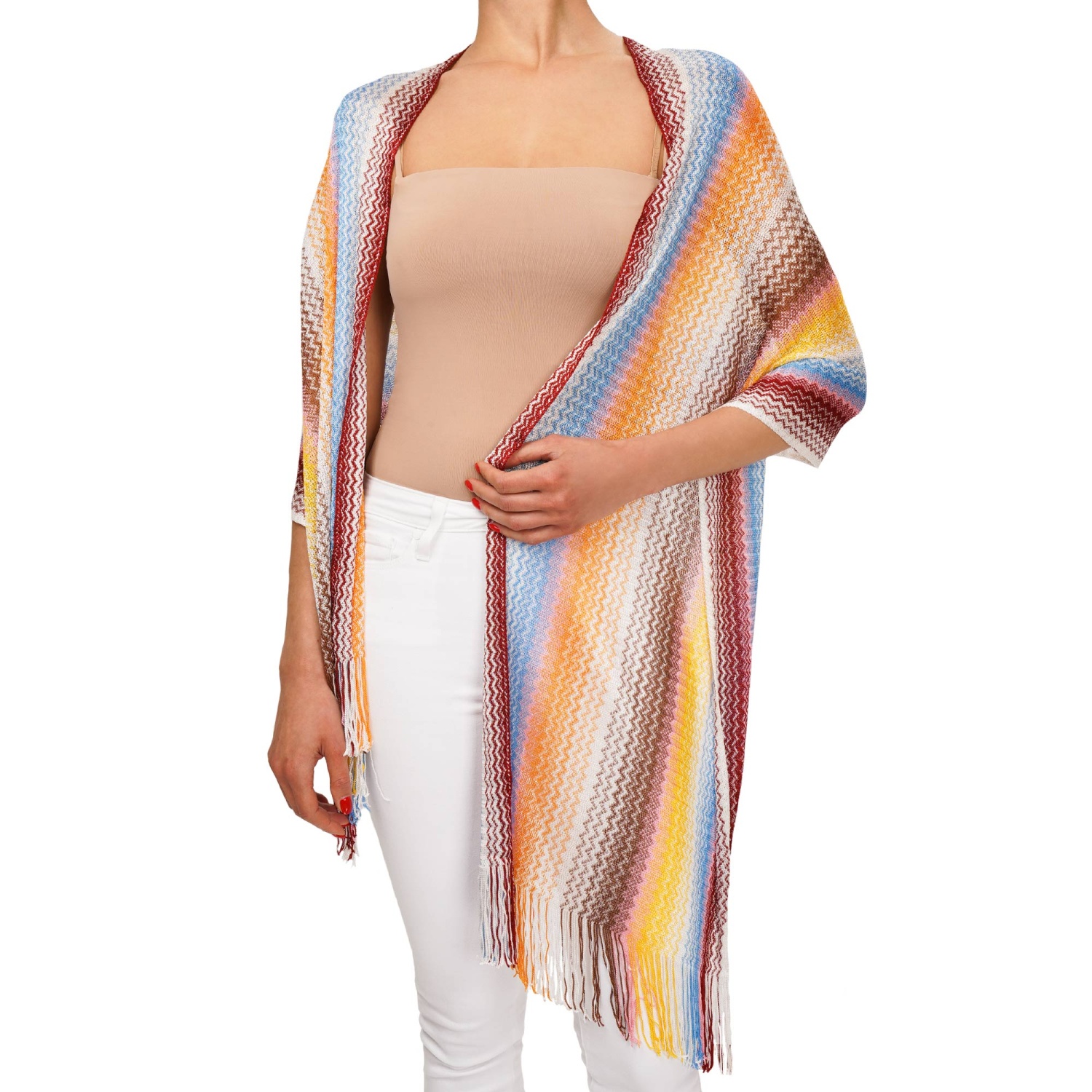 MISSONI Zigzag Woven Shawl Scarf Foulard Blue Orange White