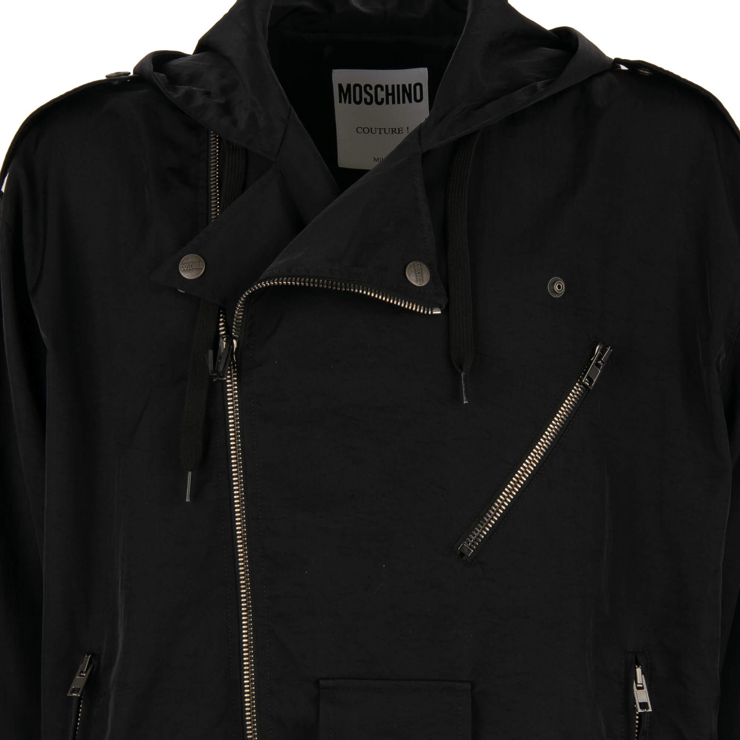 MOSCHINO COUTURE Oversize Nylon Biker Hooded Jacket Coat Black 50