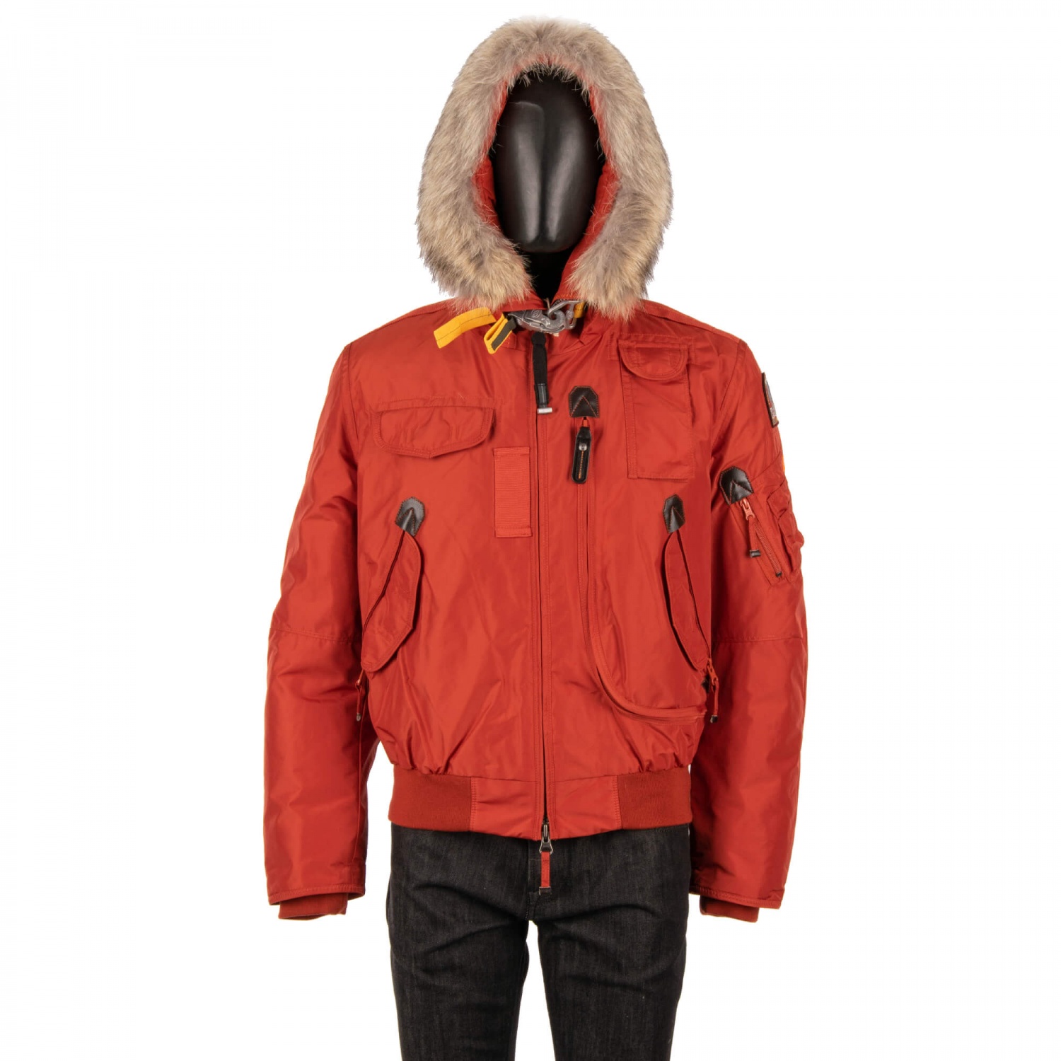 PARAJUMPERS Bomber Down Jacket GOBI with Fur Hood Lining Picante Orange ...