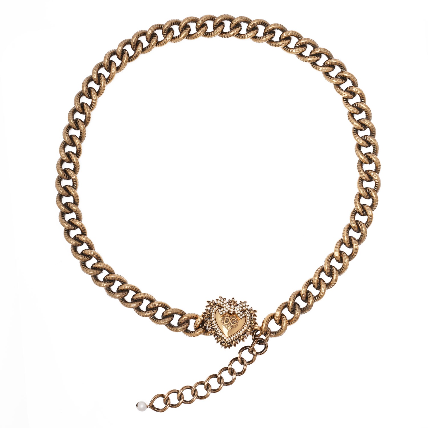 DOLCE & GABBANA DEVOTION DG Logo Pearl Heart Pendant Metal Chain 