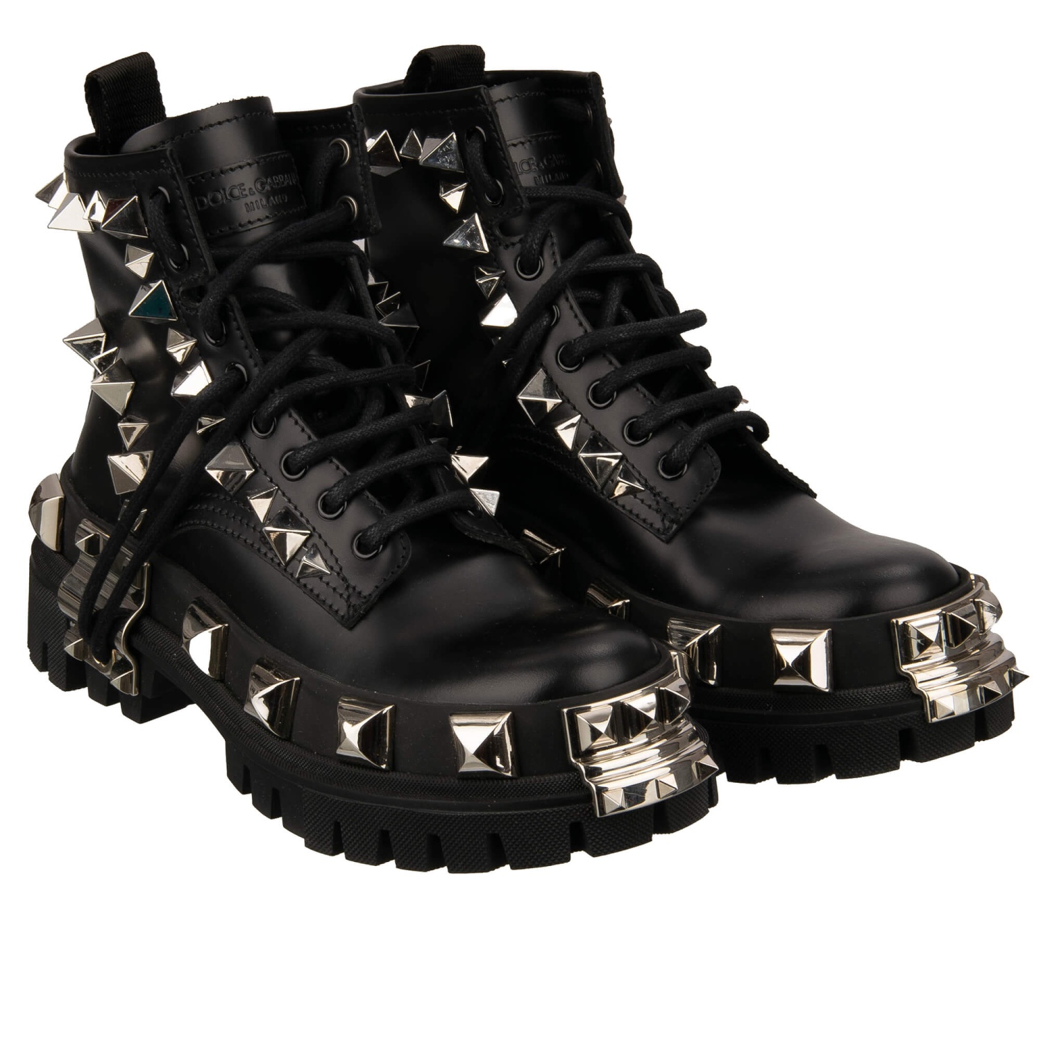 DOLCE & GABBANA Studded Leather Combat Biker Boots Black 