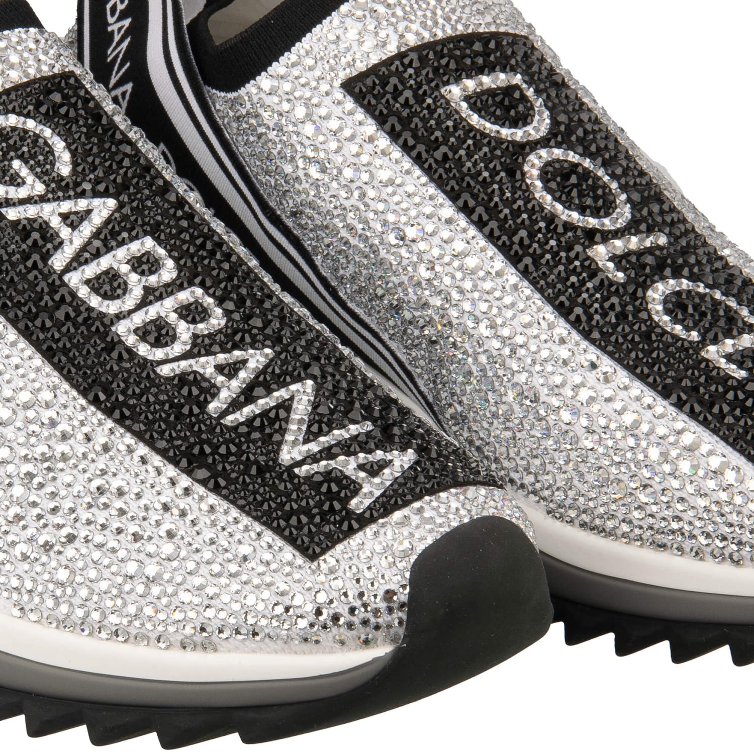 Dolce & Gabbana Black and White Crystal Logo Slip-Ons Dolce & Gabbana Crystal Logo Slip-On Trainers Sorrento White  main image 2