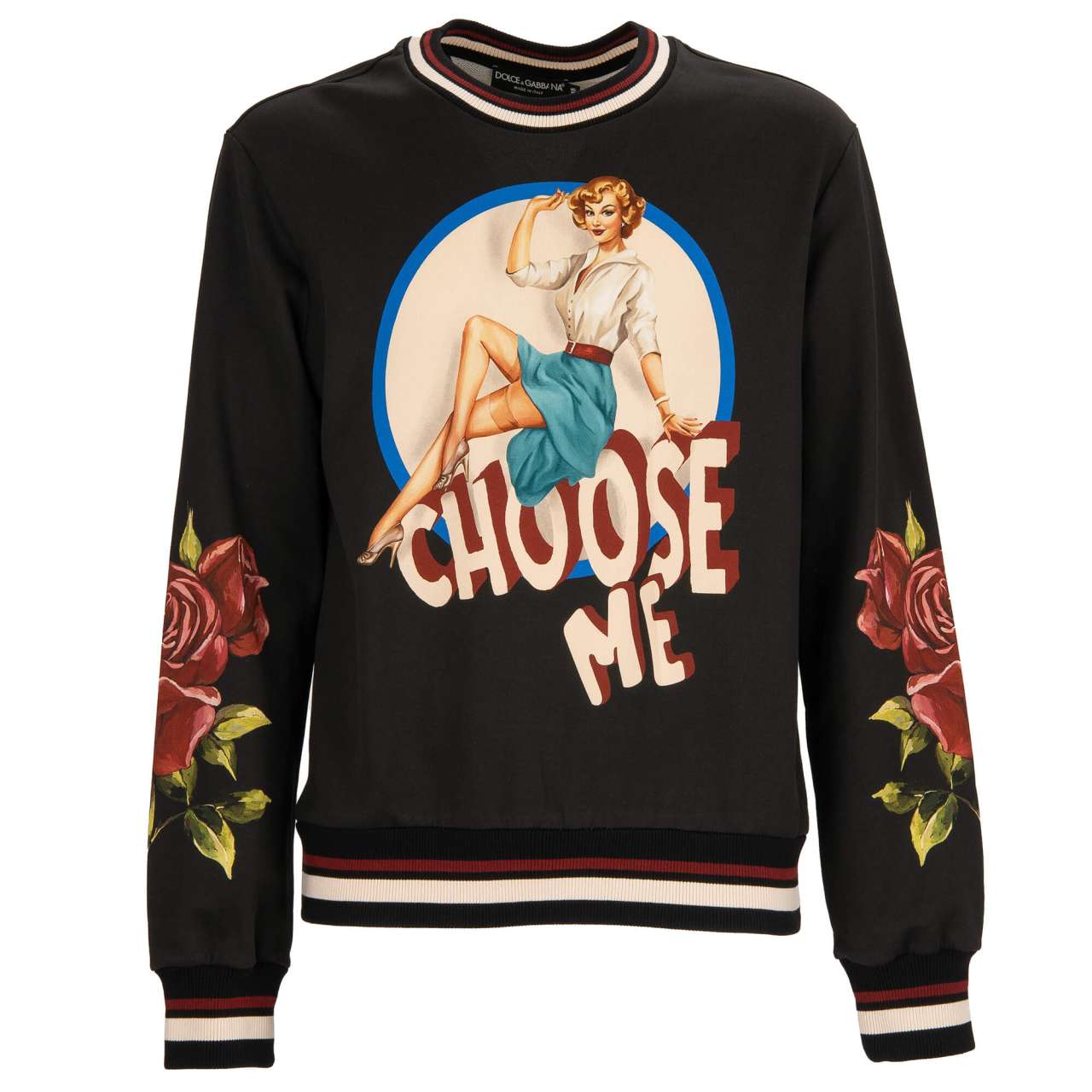 Cotton Sweater CHOOSE ME with Pin Up and Logo Print Black 48 M