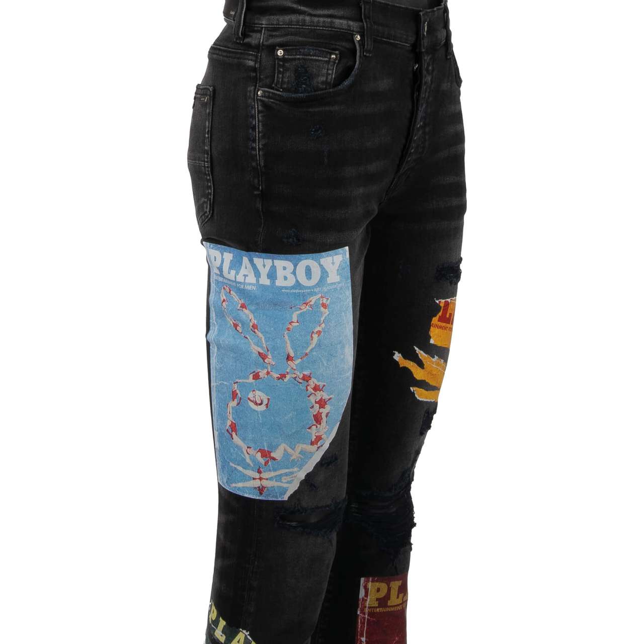 Distressed Skinny Jeans with Playboy Magazine Prints Aged Black