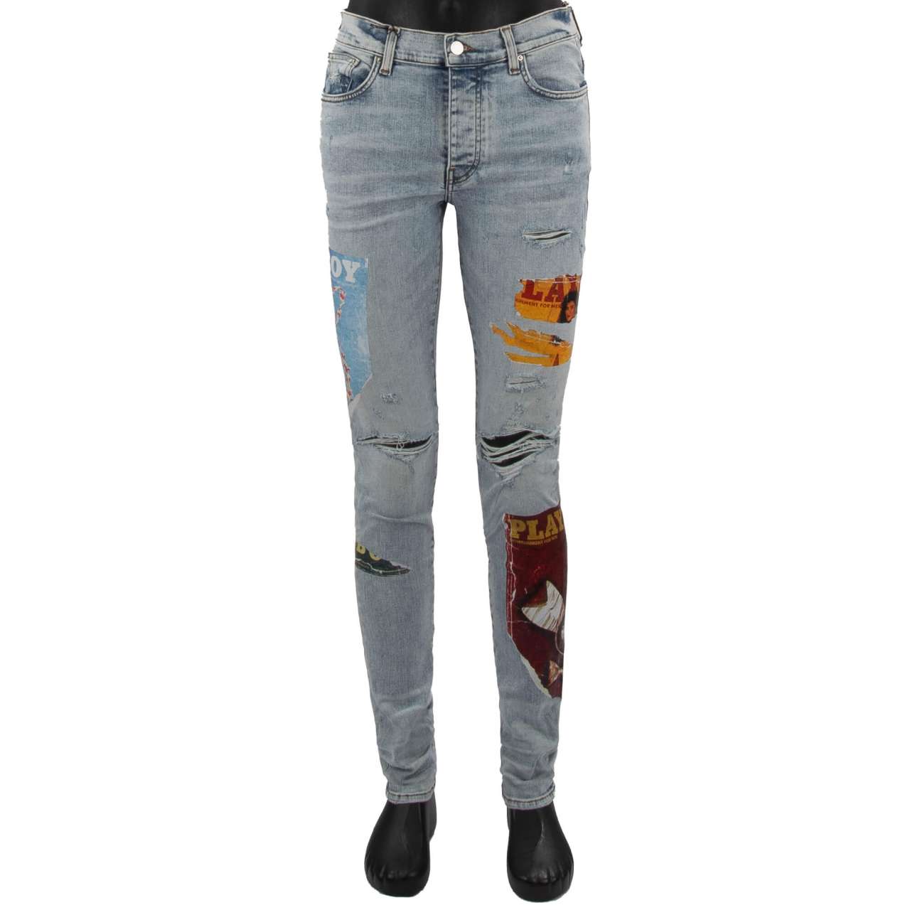Distressed Skinny Jeans with Playboy Magazine Prints Vintage Blue