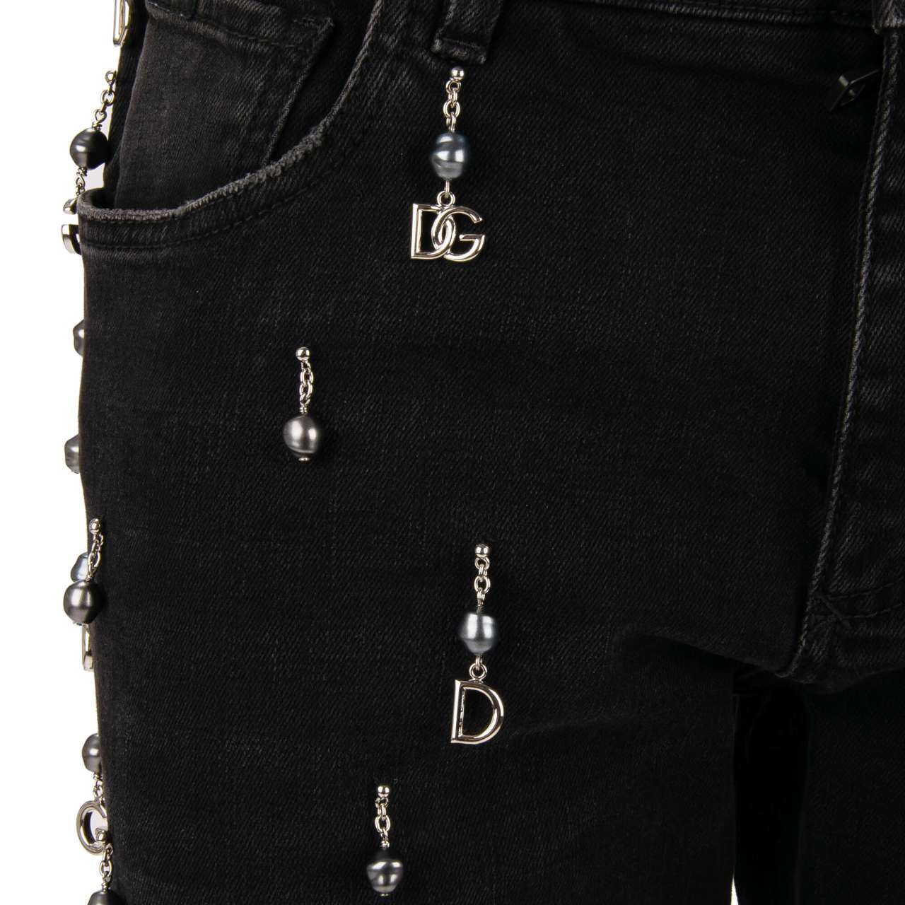 Jean Noir Slim Fit Dolce & Gabbana - Logo Métal Et Perles, Taille Régulière, Neuf