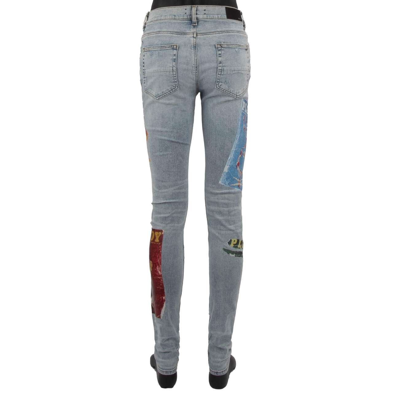Distressed Skinny Jeans with Playboy Magazine Prints Vintage Blue