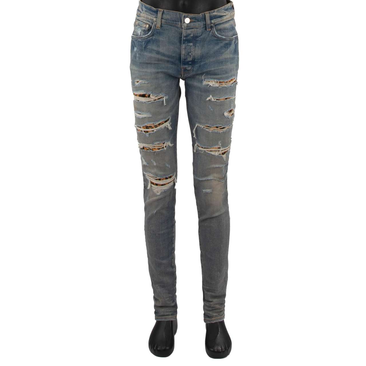 Leopard Thrasher Skinny Jeans with Leather Fur Inserts Indigo Blue 