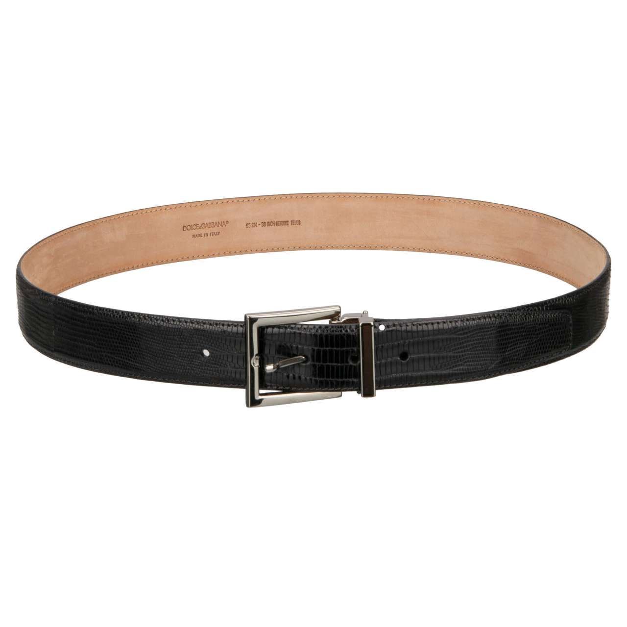 Dolce & Gabbana ブラックレザーベルト 85-34 DG Baroque Logo Metal Buckle Leather Belt Black Gold Silver