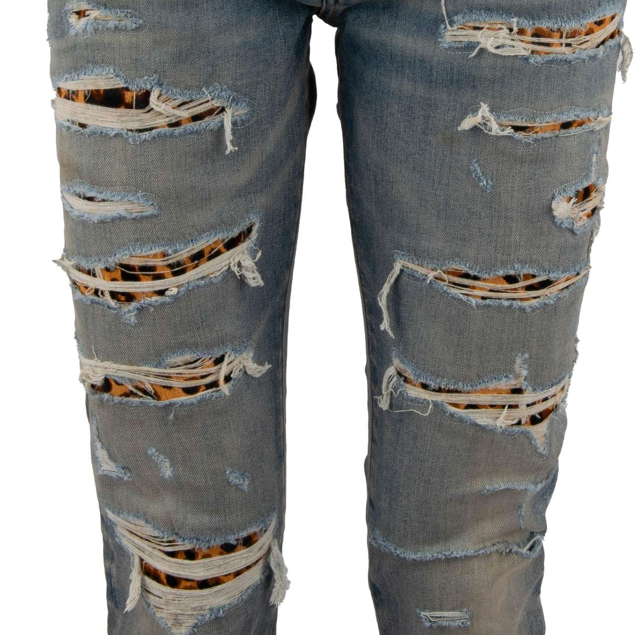 Leopard Thrasher Skinny Jeans with Leather Fur Inserts Indigo Blue 