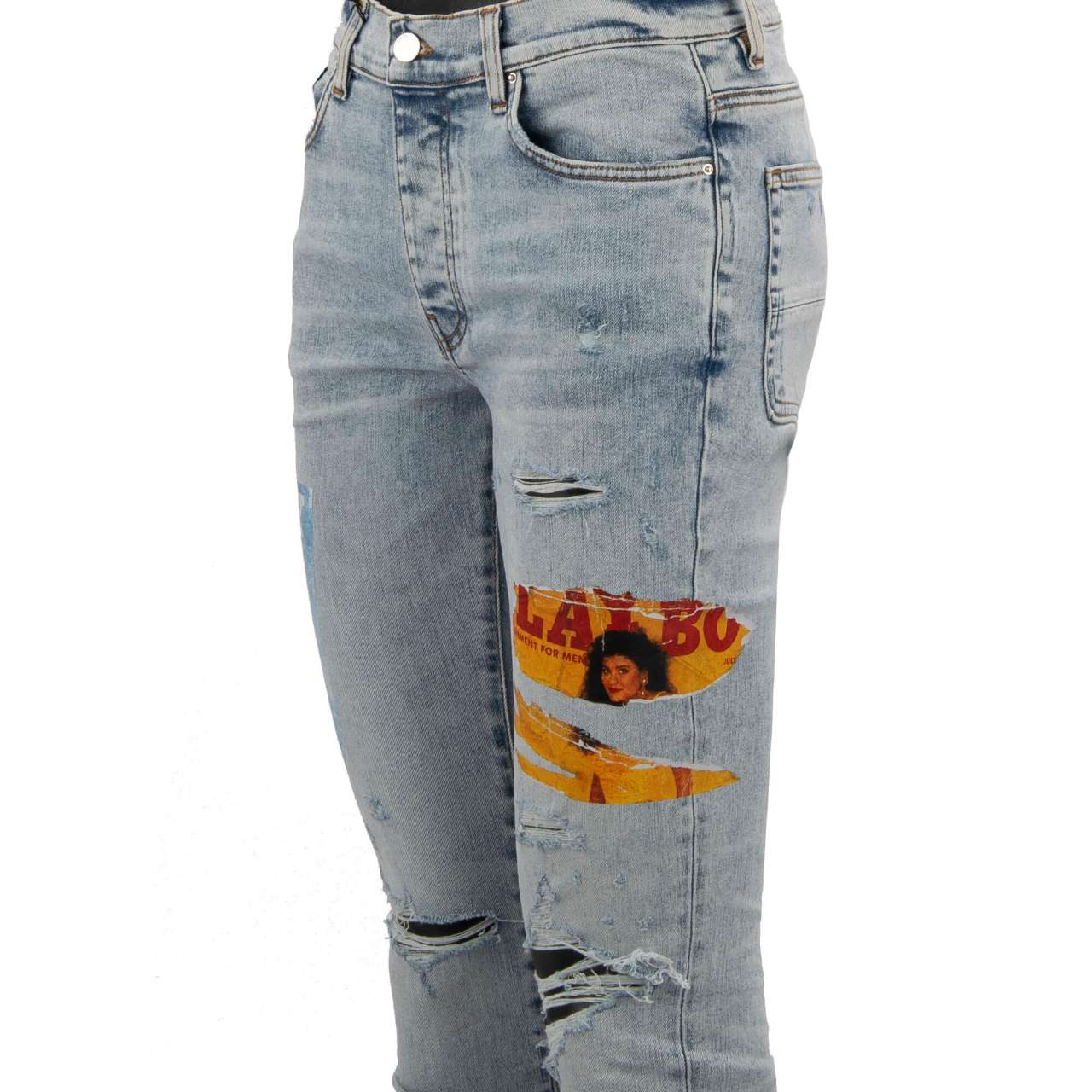 Distressed Skinny Jeans with Playboy Magazine Prints Vintage Blue | 32