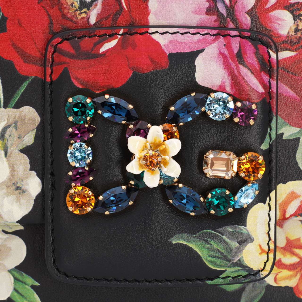 Floral Leather Shoulder Bag DG MILLENNIALS with Crystals