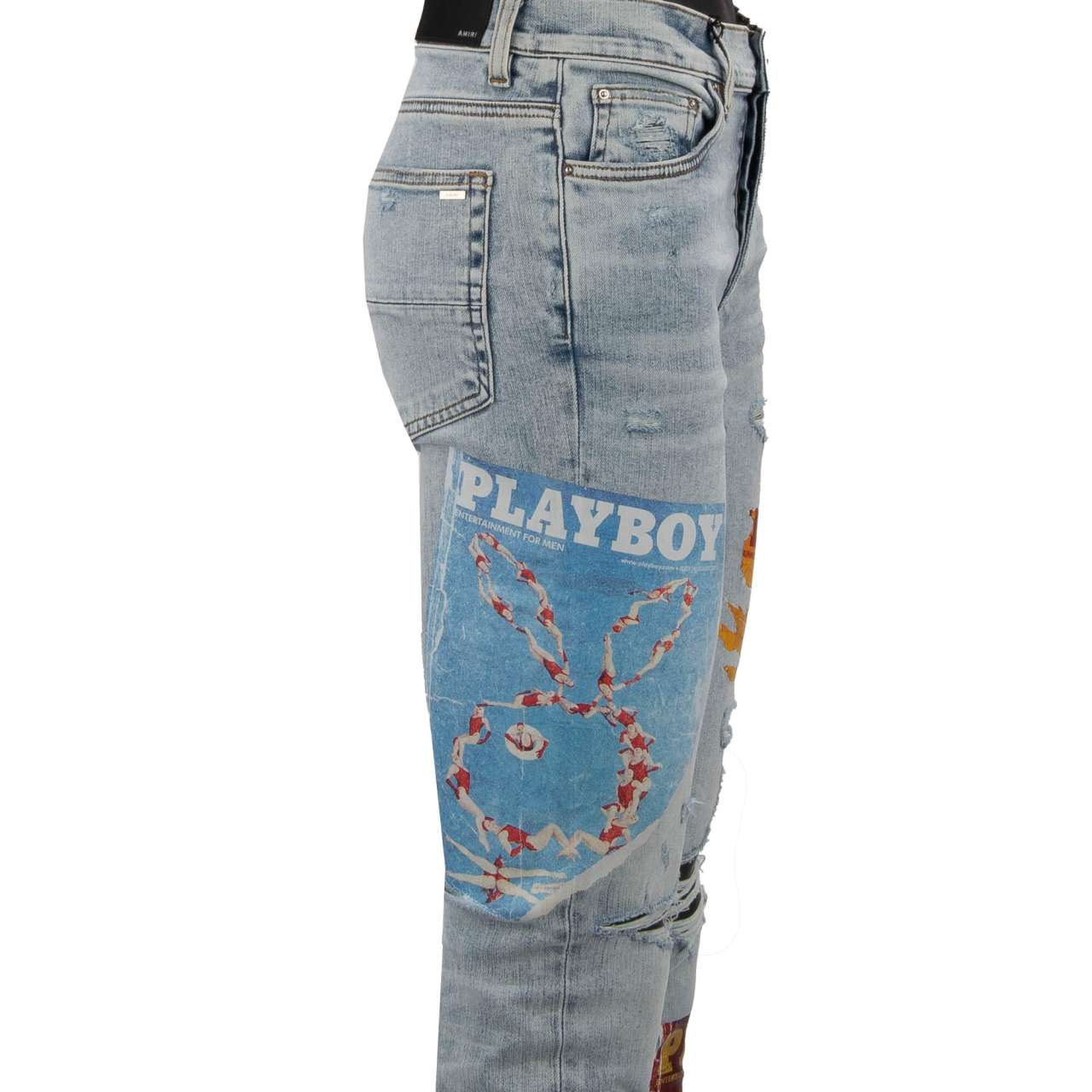 Distressed Skinny Jeans with Playboy Magazine Prints Vintage Blue | 32