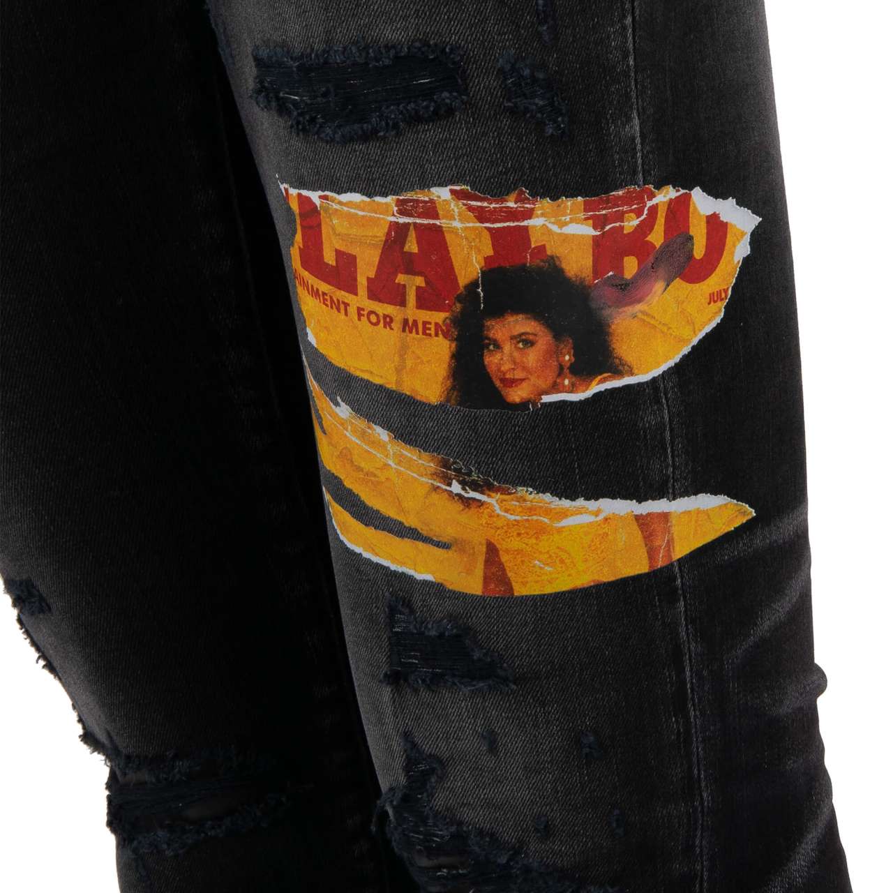 Distressed Skinny Jeans with Playboy Magazine Prints Aged Black